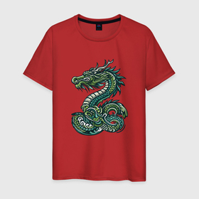 Мужская футболка хлопок с принтом Китайский зелёный дракон в полный рост в Кировске, 100% хлопок | прямой крой, круглый вырез горловины, длина до линии бедер, слегка спущенное плечо. | Тематика изображения на принте: 