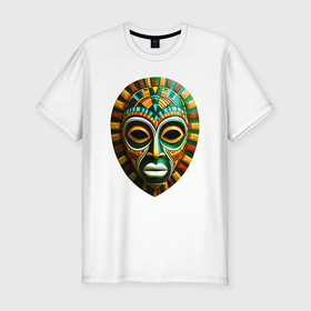 Мужская футболка хлопок Slim с принтом Яркая африканская маска в Белгороде, 92% хлопок, 8% лайкра | приталенный силуэт, круглый вырез ворота, длина до линии бедра, короткий рукав | Тематика изображения на принте: 