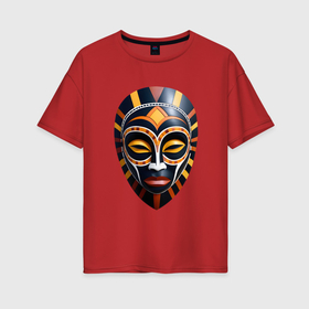 Женская футболка хлопок Oversize с принтом Африканская маска в желто оранжевых цветах в Петрозаводске, 100% хлопок | свободный крой, круглый ворот, спущенный рукав, длина до линии бедер
 | Тематика изображения на принте: 