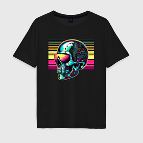 Мужская футболка хлопок Oversize с принтом Cyber skull   fantasy ai art в Кировске, 100% хлопок | свободный крой, круглый ворот, “спинка” длиннее передней части | Тематика изображения на принте: 