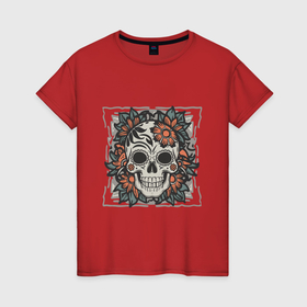 Женская футболка хлопок с принтом Ретро татуировка с цветами и черепом в Курске, 100% хлопок | прямой крой, круглый вырез горловины, длина до линии бедер, слегка спущенное плечо | 