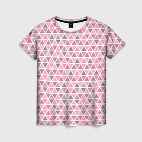 Женская футболка 3D с принтом Серо розовый паттерн треугольники в Екатеринбурге, 100% полиэфир ( синтетическое хлопкоподобное полотно) | прямой крой, круглый вырез горловины, длина до линии бедер | 