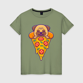 Женская футболка хлопок с принтом Собачка в пицце в Новосибирске, 100% хлопок | прямой крой, круглый вырез горловины, длина до линии бедер, слегка спущенное плечо | 