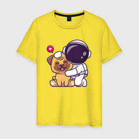 Мужская футболка хлопок с принтом Космонавт и пёсик в Курске, 100% хлопок | прямой крой, круглый вырез горловины, длина до линии бедер, слегка спущенное плечо. | Тематика изображения на принте: 