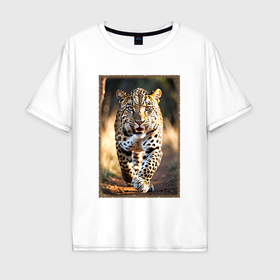 Мужская футболка хлопок Oversize с принтом Леопард красивый в движении в Екатеринбурге, 100% хлопок | свободный крой, круглый ворот, “спинка” длиннее передней части | 