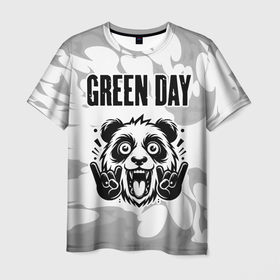 Мужская футболка 3D с принтом Green Day рок панда на светлом фоне , 100% полиэфир | прямой крой, круглый вырез горловины, длина до линии бедер | 