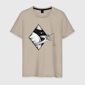 Мужская футболка хлопок с принтом Fishing on Saturn в Белгороде, 100% хлопок | прямой крой, круглый вырез горловины, длина до линии бедер, слегка спущенное плечо. | Тематика изображения на принте: 