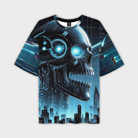 Мужская футболка oversize 3D с принтом Cyberpunk skull   metropolis neon glow ,  |  | Тематика изображения на принте: 