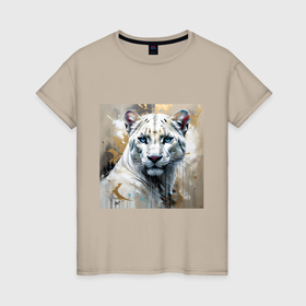 Женская футболка хлопок с принтом Белая пантера с золотыми брызгами краски в Петрозаводске, 100% хлопок | прямой крой, круглый вырез горловины, длина до линии бедер, слегка спущенное плечо | 