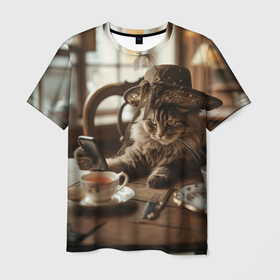 Мужская футболка 3D с принтом Кот в шляпе с телефоном в Тюмени, 100% полиэфир | прямой крой, круглый вырез горловины, длина до линии бедер | Тематика изображения на принте: 