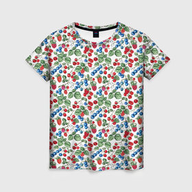 Женская футболка 3D с принтом Ягодный принт в Екатеринбурге, 100% полиэфир ( синтетическое хлопкоподобное полотно) | прямой крой, круглый вырез горловины, длина до линии бедер | 