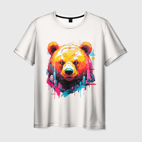 Мужская футболка 3D с принтом Мишка в городе: голова медведя на фоне красочного города в Новосибирске, 100% полиэфир | прямой крой, круглый вырез горловины, длина до линии бедер | Тематика изображения на принте: 