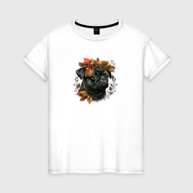 Женская футболка хлопок с принтом Мопс черный арт осень в Новосибирске, 100% хлопок | прямой крой, круглый вырез горловины, длина до линии бедер, слегка спущенное плечо | 