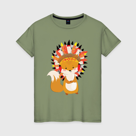 Женская футболка хлопок с принтом Fox indian в Тюмени, 100% хлопок | прямой крой, круглый вырез горловины, длина до линии бедер, слегка спущенное плечо | 