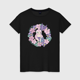 Женская футболка хлопок с принтом Русалочка в цветах в Курске, 100% хлопок | прямой крой, круглый вырез горловины, длина до линии бедер, слегка спущенное плечо | 