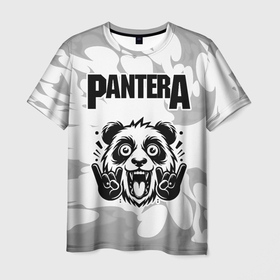 Мужская футболка 3D с принтом Pantera рок панда на светлом фоне , 100% полиэфир | прямой крой, круглый вырез горловины, длина до линии бедер | 
