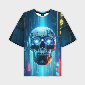 Мужская футболка oversize 3D с принтом Cyber skull   neon glow ai art в Тюмени,  |  | Тематика изображения на принте: 