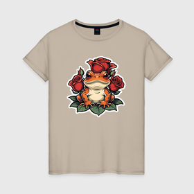 Женская футболка хлопок с принтом Милая жаба среди красных роз , 100% хлопок | прямой крой, круглый вырез горловины, длина до линии бедер, слегка спущенное плечо | 
