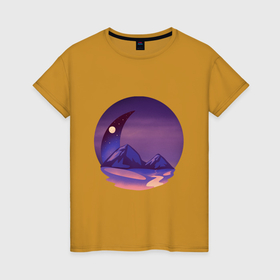 Женская футболка хлопок с принтом Лунная ночь в фиолетовом цвете в Петрозаводске, 100% хлопок | прямой крой, круглый вырез горловины, длина до линии бедер, слегка спущенное плечо | 