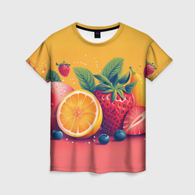 Женская футболка 3D с принтом Клубника с апельсином и яблоком , 100% полиэфир ( синтетическое хлопкоподобное полотно) | прямой крой, круглый вырез горловины, длина до линии бедер | 