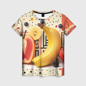 Женская футболка 3D с принтом Банан с грейпфрутом и клубникой в Курске, 100% полиэфир ( синтетическое хлопкоподобное полотно) | прямой крой, круглый вырез горловины, длина до линии бедер | Тематика изображения на принте: 