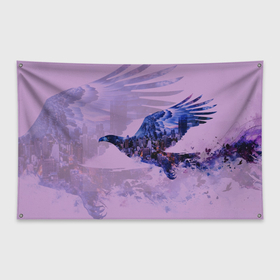 Флаг-баннер с принтом Летящий орел и ночной город двойная экспозиция в Новосибирске, 100% полиэстер | размер 67 х 109 см, плотность ткани — 95 г/м2; по краям флага есть четыре люверса для крепления | 