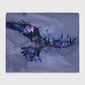 Плед 3D с принтом Летящий орел и город в сумерках , 100% полиэстер | закругленные углы, все края обработаны. Ткань не мнется и не растягивается | 