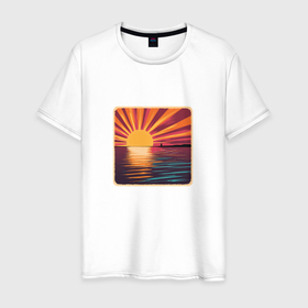 Мужская футболка хлопок с принтом Рассвет на берегу в Курске, 100% хлопок | прямой крой, круглый вырез горловины, длина до линии бедер, слегка спущенное плечо. | Тематика изображения на принте: 