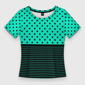 Женская футболка 3D Slim с принтом Мятный зелёный в чёрный горошек и полоски в Белгороде,  |  | 