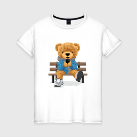 Женская футболка хлопок с принтом Плюшевый медведь на скамейке в Санкт-Петербурге, 100% хлопок | прямой крой, круглый вырез горловины, длина до линии бедер, слегка спущенное плечо | 