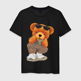 Мужская футболка хлопок с принтом Плюшевый медведь в очках в Кировске, 100% хлопок | прямой крой, круглый вырез горловины, длина до линии бедер, слегка спущенное плечо. | 