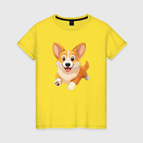 Женская футболка хлопок с принтом Весёлая собака корги , 100% хлопок | прямой крой, круглый вырез горловины, длина до линии бедер, слегка спущенное плечо | 