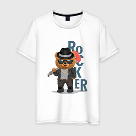 Мужская футболка хлопок с принтом Плюшевый медвежонок рокер в Санкт-Петербурге, 100% хлопок | прямой крой, круглый вырез горловины, длина до линии бедер, слегка спущенное плечо. | 