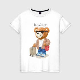 Женская футболка хлопок с принтом Плюшевый медвежонок   путешественник в Екатеринбурге, 100% хлопок | прямой крой, круглый вырез горловины, длина до линии бедер, слегка спущенное плечо | 