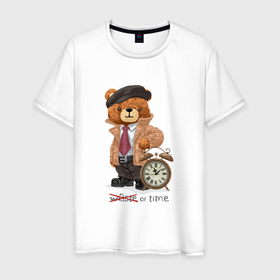 Мужская футболка хлопок с принтом Плюшевый мишка джентльмен с часами в Новосибирске, 100% хлопок | прямой крой, круглый вырез горловины, длина до линии бедер, слегка спущенное плечо. | 