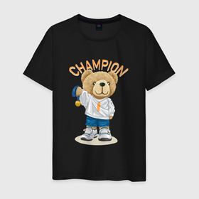 Мужская футболка хлопок с принтом Плюшевый медведь чемпион в Екатеринбурге, 100% хлопок | прямой крой, круглый вырез горловины, длина до линии бедер, слегка спущенное плечо. | 