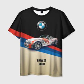 Мужская футболка 3D с принтом Немецкий родстер BMW Z3 в Петрозаводске, 100% полиэфир | прямой крой, круглый вырез горловины, длина до линии бедер | Тематика изображения на принте: 