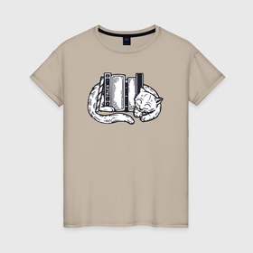 Женская футболка хлопок с принтом Книжная кошка в Белгороде, 100% хлопок | прямой крой, круглый вырез горловины, длина до линии бедер, слегка спущенное плечо | 