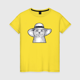 Женская футболка хлопок с принтом Кошка в шляпе в Белгороде, 100% хлопок | прямой крой, круглый вырез горловины, длина до линии бедер, слегка спущенное плечо | 