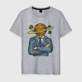 Мужская футболка хлопок с принтом Человек сатурн в Екатеринбурге, 100% хлопок | прямой крой, круглый вырез горловины, длина до линии бедер, слегка спущенное плечо. | Тематика изображения на принте: 
