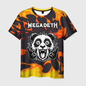 Мужская футболка 3D с принтом Megadeth рок панда и огонь в Новосибирске, 100% полиэфир | прямой крой, круглый вырез горловины, длина до линии бедер | 