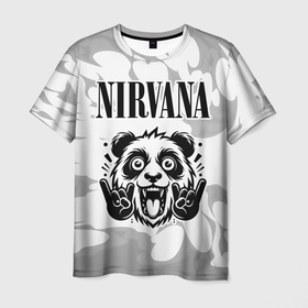 Мужская футболка 3D с принтом Nirvana рок панда на светлом фоне в Кировске, 100% полиэфир | прямой крой, круглый вырез горловины, длина до линии бедер | 