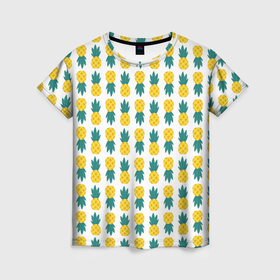 Женская футболка 3D с принтом Ананасы   белый паттерн в Санкт-Петербурге, 100% полиэфир ( синтетическое хлопкоподобное полотно) | прямой крой, круглый вырез горловины, длина до линии бедер | 