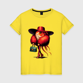 Женская футболка хлопок с принтом Рыба модница в шубе, шляпе и с сумкой , 100% хлопок | прямой крой, круглый вырез горловины, длина до линии бедер, слегка спущенное плечо | Тематика изображения на принте: 