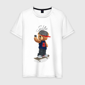 Мужская футболка хлопок с принтом Плюшевый медвежонок скейтер делает селфи , 100% хлопок | прямой крой, круглый вырез горловины, длина до линии бедер, слегка спущенное плечо. | 