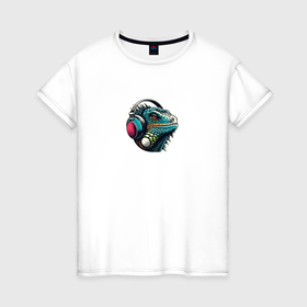 Женская футболка хлопок с принтом Игуана в наушниках в Петрозаводске, 100% хлопок | прямой крой, круглый вырез горловины, длина до линии бедер, слегка спущенное плечо | 