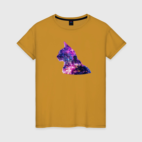 Женская футболка хлопок с принтом Фиолетовый кот и город эффект двойной экспозиции в Кировске, 100% хлопок | прямой крой, круглый вырез горловины, длина до линии бедер, слегка спущенное плечо | 