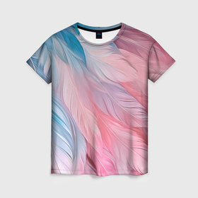 Женская футболка 3D с принтом Пастельно голубые и розовые перья в Екатеринбурге, 100% полиэфир ( синтетическое хлопкоподобное полотно) | прямой крой, круглый вырез горловины, длина до линии бедер | 