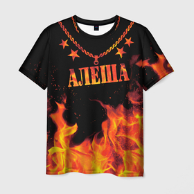 Мужская футболка 3D с принтом Алексей   имя в огне в Санкт-Петербурге, 100% полиэфир | прямой крой, круглый вырез горловины, длина до линии бедер | Тематика изображения на принте: 