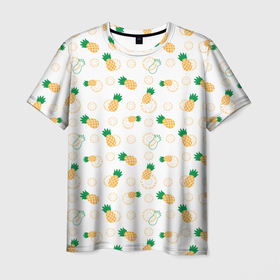 Мужская футболка 3D с принтом Узор из ананасов и кусочков ананаса в Санкт-Петербурге, 100% полиэфир | прямой крой, круглый вырез горловины, длина до линии бедер | Тематика изображения на принте: 